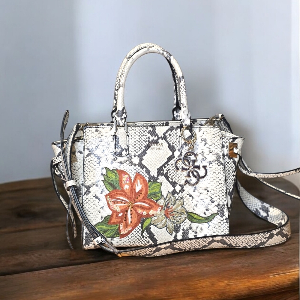 Guess Elegant Floral Snake Print Handbag And Cross Body